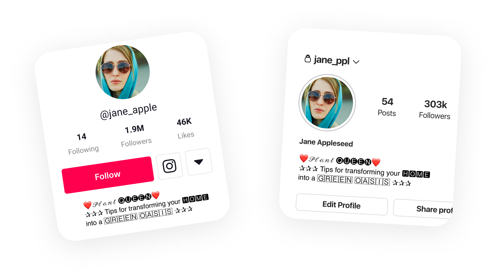 Social Media Profiles, showing stylish text with Fonts Pro